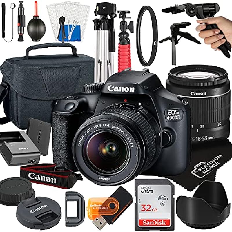 Canon EOS 4000D / Rebel T100 DSLR Camera with 18-55mm Lens + Platinum Mobile Accessory Bundle Package Includes: SanDisk 32GB Card, Tripod, Case, Pistol Grip and More (21pc Bundle)