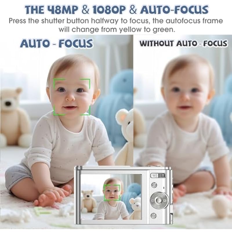 Digital Camera, Bofypoo Autofocus Kids Vlogging Camera FHD 1080P 48MP with 32GB Card, 16X Zoom Point and Shoot Digital Camera with Battery Charger, Compact Camera for Teens,Beginners (Light Silver)