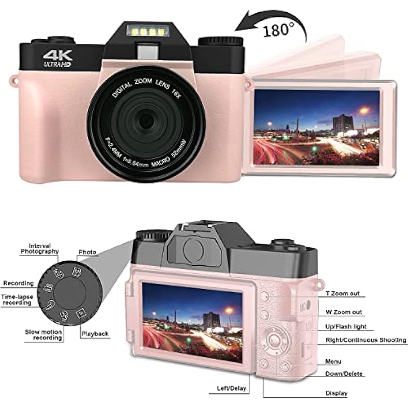 Acuvar 4K 48MP Digital Camera for Photography, Vlogging Camera for YouTube with 3’’ 180° Flip Screen, WiFi, 16X Zoom, Rechargeable Battery, 64GB Micro SD Card, 6 PC Card Holder, USB Card Reader (Pink)