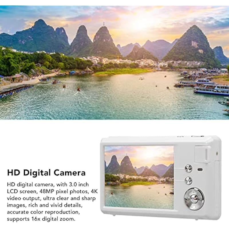 4K Digital Camera, 48MP 16X Zoom Vlogging Camera with 3.0inch LCD Screen, Type C Port, Fill Light Anti Shaking Portable HD Video Camera, Support 128GB Storage Expansion (White)