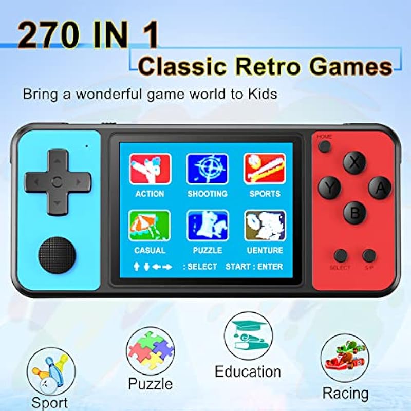 Great Boy Handheld Game Console for Kids Aldults Preloaded 270 Classic Retro Games with 3.0” Color Display and Gamepad Rechargeable Arcade Gaming Player (Black)