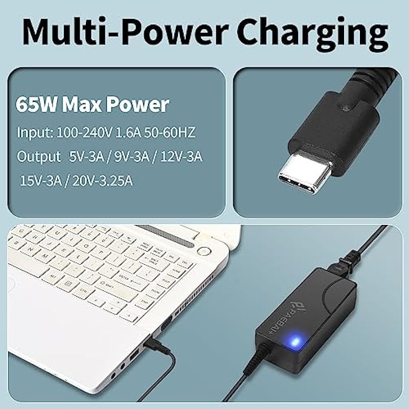 PAEBAI+ 65W 45W USB C Laptop Charger for Lenovo Chromebook Thinkpad Yoga, DELL Latitude XPS, HP EliteBook, Acer Asus Samsung MacBook pro Google 20V 3.25A Type C AC Adapter Power Supply Cord
