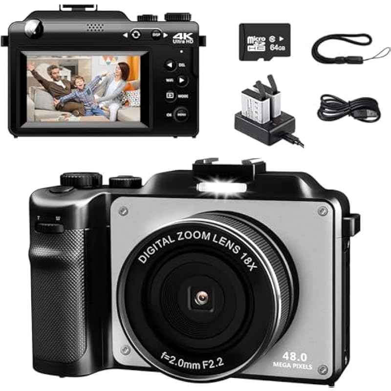 RHSTAO 4K Digital Camera, Auto Focus 48MP Dual Cam Photography Cameras with 64GB Memory Card, 3” IPS Screen, 18X Zoom, Compact Travel Portable Point and Shoot Camera for Adults Teens, Beginners