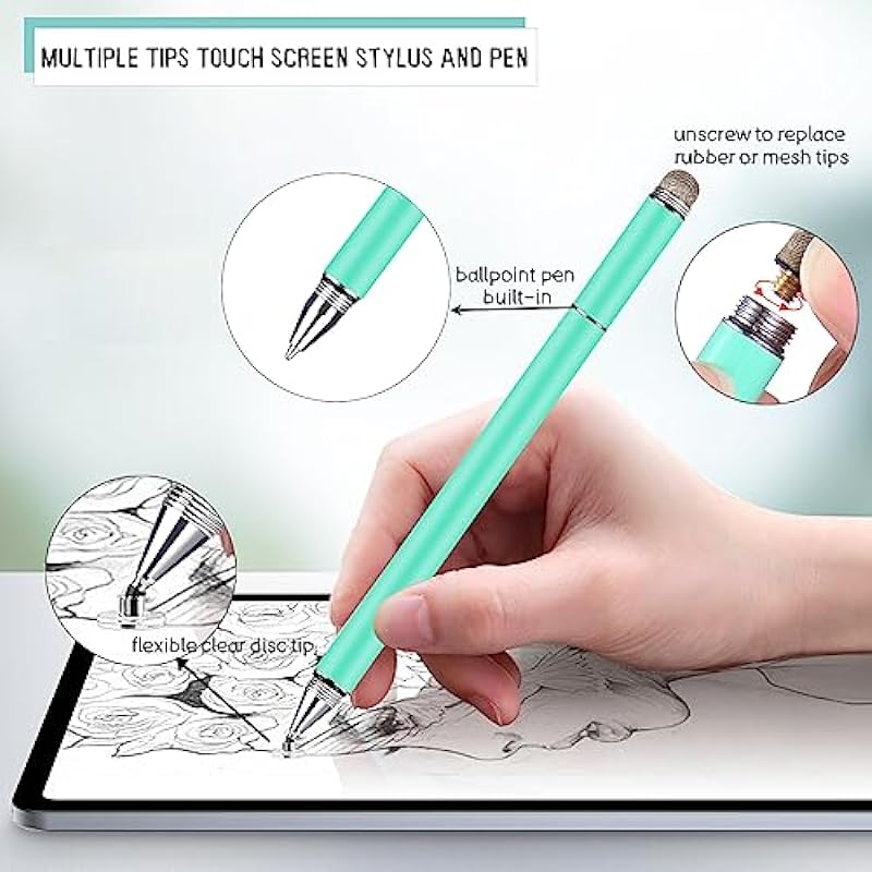 Penyeah Diamond Stylus Pen for iPad, Multiple Tips Disc/Mesh Fiber Touch Screen Pen, Office/School Supplies, Universal for Apple/Android Phones,Tablets, Microsoft Surface Laptop – Blueish Green