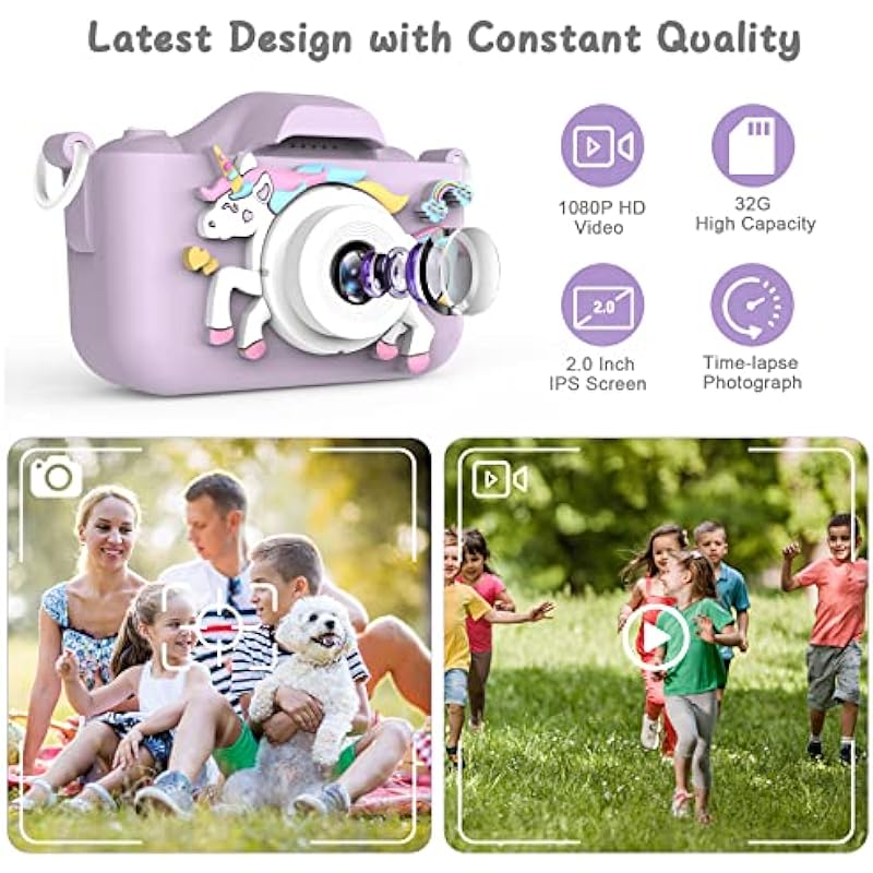 Kids Camera, Toddler Digital Camera for Girls and Boys, Christmas Birthday Toy Gifts for Kids Age 3 4 5 6 7 8 9 10 with 32GB SD Card, 1080P HD Kids Video Camera-Purple