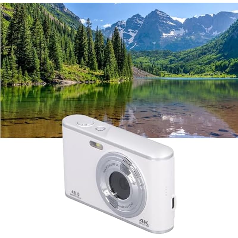 16X Digital Zoom Camera for Travel Photography, 2.4 Inch 44MP 4K Ultra HD Dual Lens Camera, Shock Proof Compact Digital Camera for Travel Graduation for Adults and Teens (White)