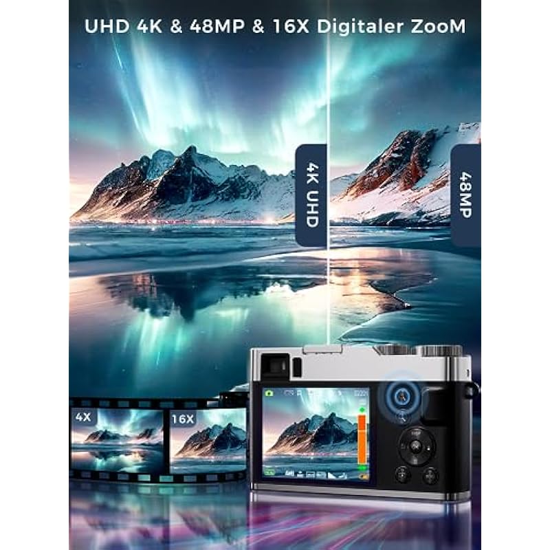 Digital Camera, Nsoela 4K 48MP AutoFocus Vlogging Camera with 32GB Memory Card 16X Digital Zoom,2.8 Inch Compact Camera with Rotating Dashboard and Viewfinder for Teenagers Beginners/Adults
