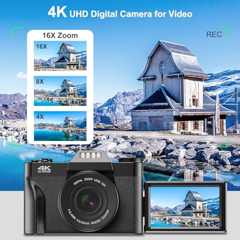 4K Digital Camera AutoFocus 56MP UHD Vlogging Camera with 16X Digital Zoom 3.0 Inch Compact Camera with 180 Degree Rotation Flip Screen Camera for Beginners Adults 32GB Micro SD Card & 2 Batteries