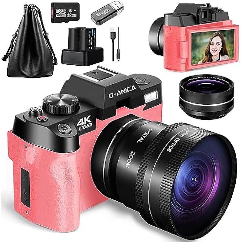 G-Anica 4K Digital Cameras for Photography，48MP/60FPS Video Camera for Vlogging, WiFi & App Control Vlogging Camera for YouTube, Small Camera with 32GB TF Card.Wide-Angle & Macro Lens