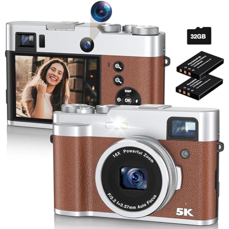 Newest 5K Digital Camera for Photography 48MP Selfie Camera with Front and Rear Dual Lens 16X Digital Zoom Compact Point and Shoot Cameras with Viewfinder, Vlogging Camera with 32G Card & 2 Batteries