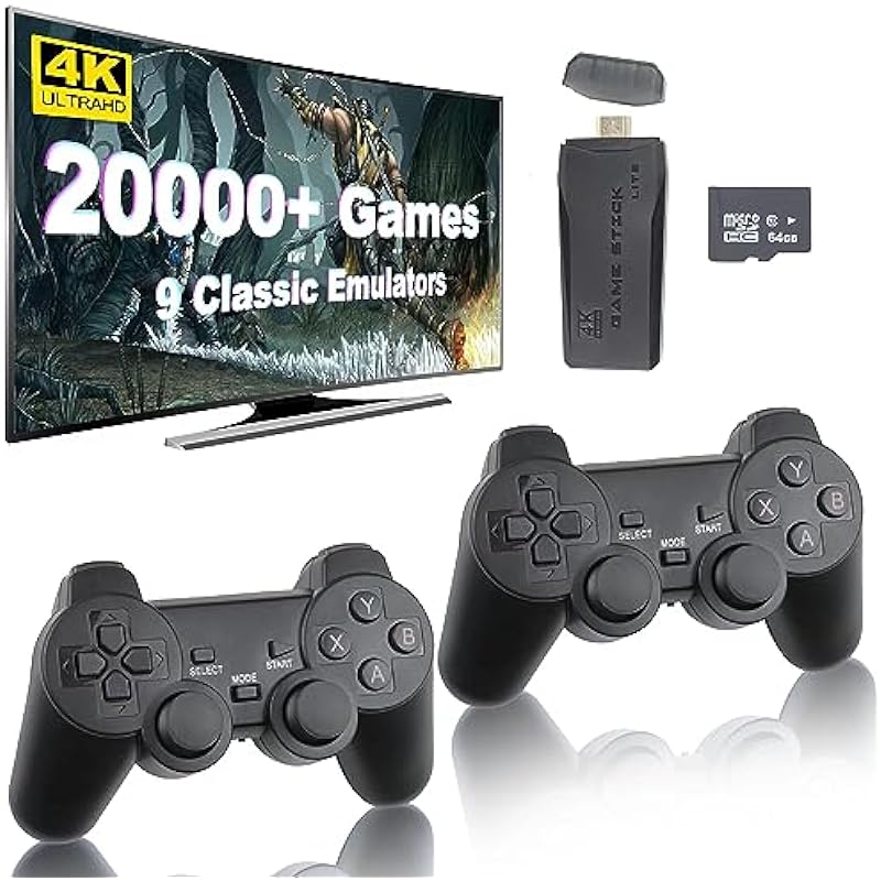 Retro Game Stick – Revisit Classic Games with Built-in 9 Emulators, 20,400+ Games, 4K HDMI Output, and 2.4GHz Wireless Controller for TV Plug and Play(64 G)