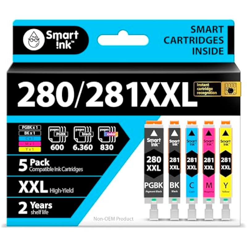 Smart Ink Compatible Ink Cartridge Replacement for Canon PGI 280 PGI-280 XXL CLI 281 CLI-281 (PGBK & BK/C/M/Y 5 Pack Combo) for Pixma TS702 TS6120 TS6220 TS6320 TR7520 TR8520 TS9520 TS9521C