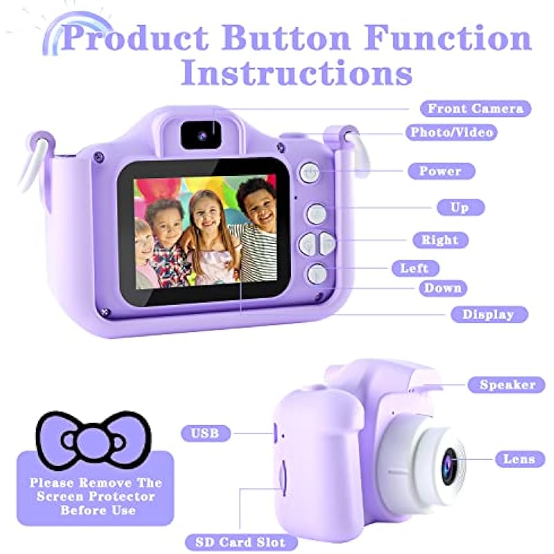 CIMELR Kids Camera Toys for 3-12 Year Old Boys/Girls, Kids Digital Camera for Toddler with Video, Christmas Birthday Festival Gifts for Kids, Selfie Camera for Kids, 32GB TF Card (Purple-Cat)