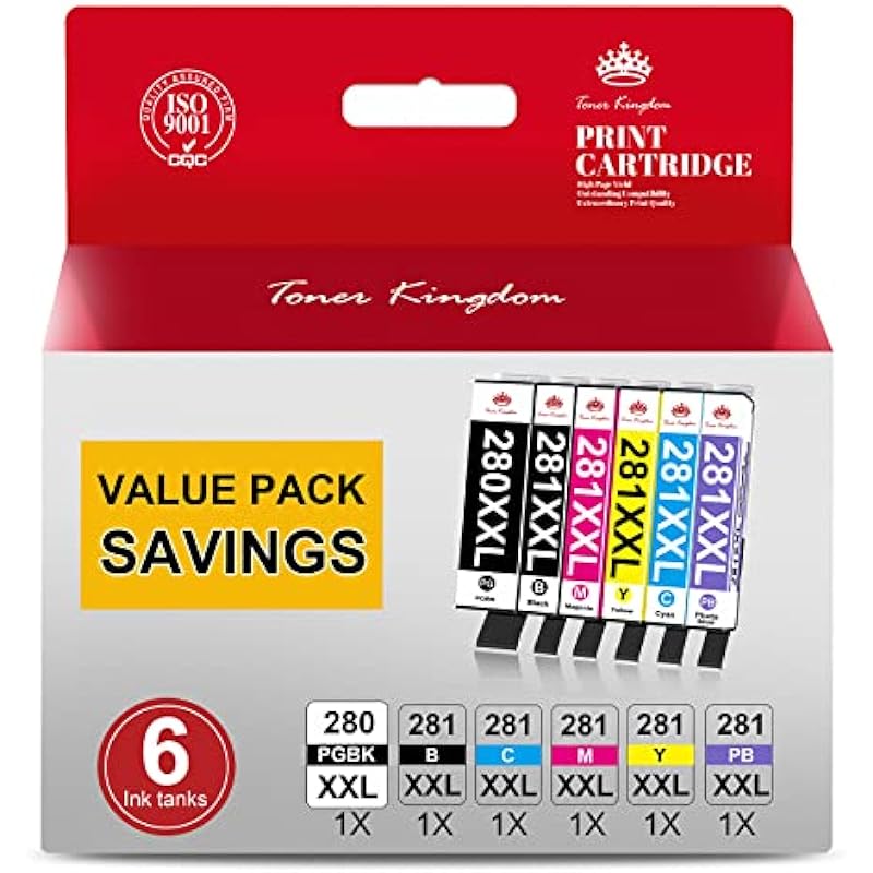 Toner Kingdom Compatible Ink Cartridges for Canon 280 281 PGI-280XXL CLI-281XXL Ink for Pixma TS9120 TS8120 TS8220 TS8320 TS9100 TS8100 TS8300 Printer (6-Pack)