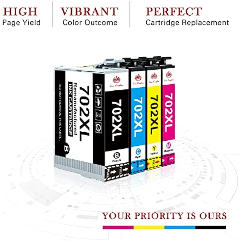 Toner Kingdom Remanufactured Ink Cartridge Replacement for 702XL T702 702 XL for Pro WF-3720 WF-3730 WF-3733 Printer (1 Large Black, 1 Cyan, 1 Magenta, 1 Yellow, 4-Pack)