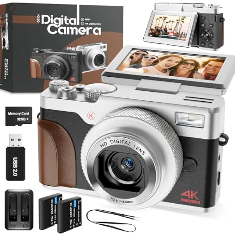 Digital Camera, Cameras for Photography,4K&56MP Video Camera, Vlogging Camera for YouTube, Compact Small Camera with Two Batteries, Digital Point and Shoot Camera with 16X Zoom