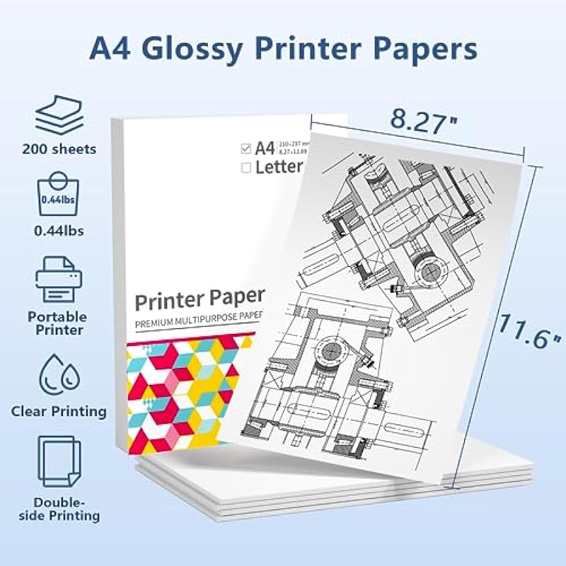 A4 Printer Paper, Multipurpose Copy Paper for Laser Printer, Inkjet Printer, Itari Copy Paper for Printer, Compatible with Phomemo P831 HPRT MT800 Thermal Transfer Printer, 200 Sheets, Glossy, White
