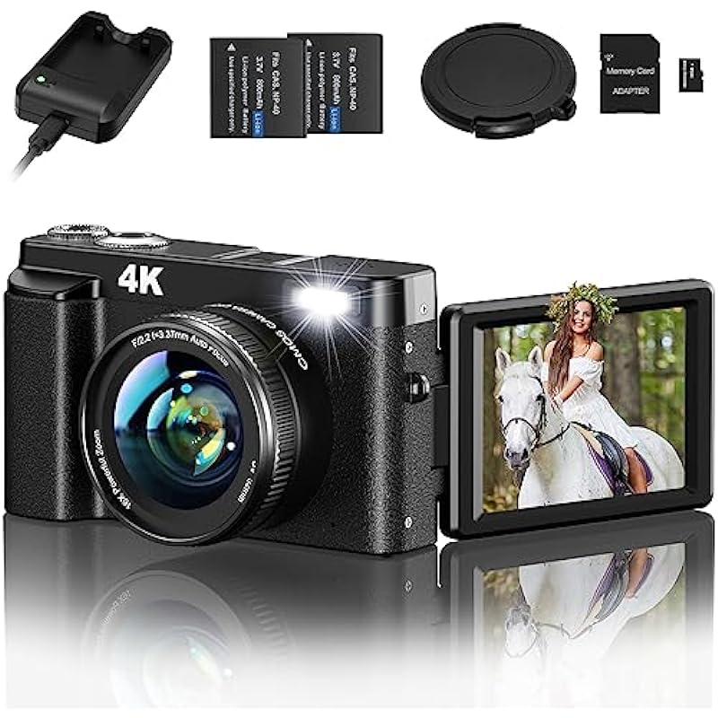 4K Digital Camera Camcorder, Aufoya Autofocus 48MP 60FPS Video Camera with 180° Flip Screen, 2 Charging Mode 16X Digital Zoom Vlogging Camera for YouTube with 32GB Memory Card
