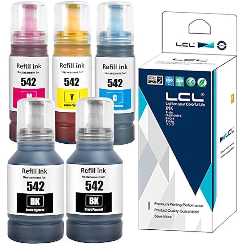 LCL Compatible for 542 T542 T542120-S T542520-S T542220-S T542320-S0 T542420-S (5-Pack, 2Black Pigment 127ML, CMY Dye 70ML) Ink Bottle for ET-5180 ET-5150 ET-5170 ET-5850 ET-5800 ET-5880 ET-16600