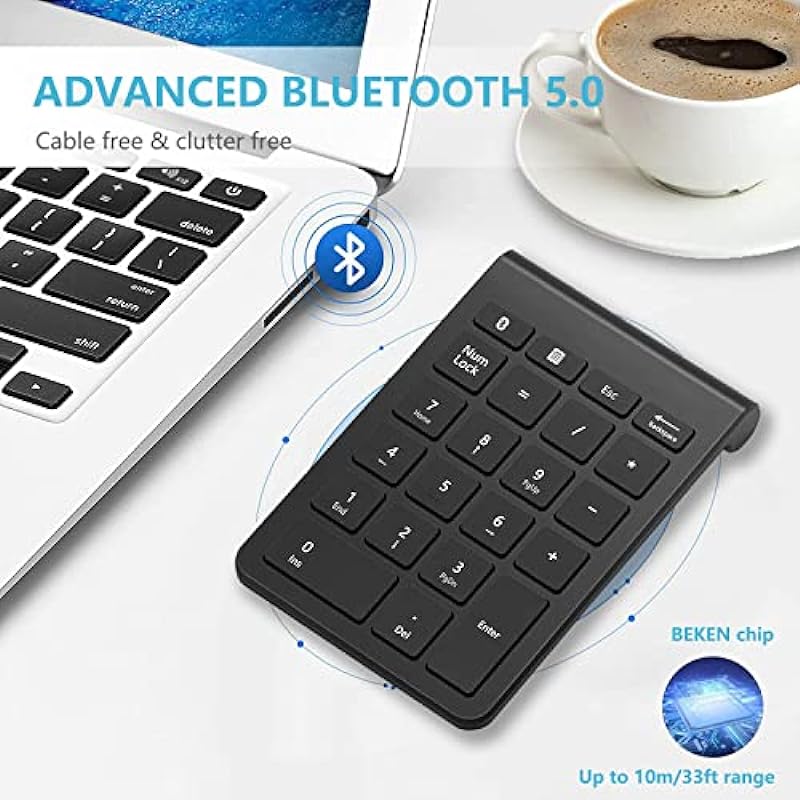 Bluetooth Number Pad, Wireless Numeric Keypad, Acedada 22-Key Portable Slim Numpad Financial Accounting Data Entry, External 10 Key for Laptop, Mac, Notebook, Desktop, PC, Surface Pro – Black