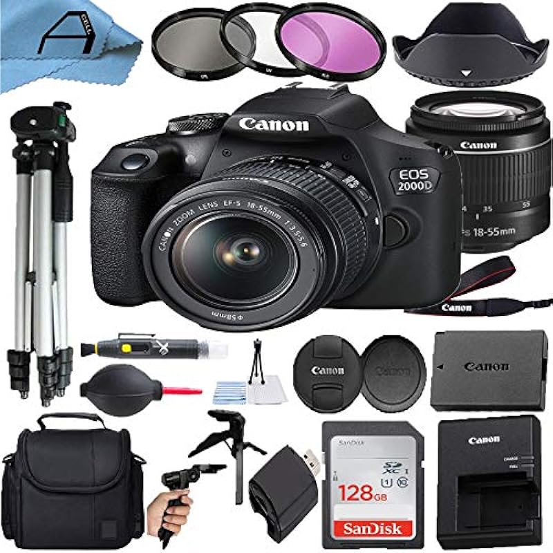 Canon EOS 2000D / Rebel T7 Digital DSLR Camera with 18-55mm Zoom Lens, SanDisk 128GB Memory Card, Case, Tripod, 3 Pack Filters and A-Cell Accessory Bundle (Black)