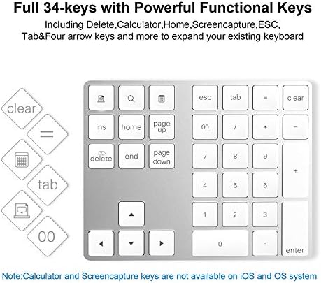 Bluetooth Numeric Keypad, Aluminum Wireless Bluetooth 34-Key Number pad with Multiple Shortcuts for Computer Laptop Windows Surface Pro Apple iMac iPad Android Tablet Smartphone- Silver