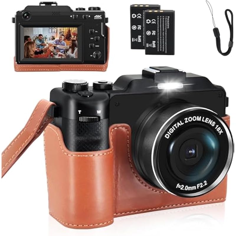 TEKXDD 4K Digital Camera, 48MP WiFi Video Camera Compact Camera with Leather Case 18X Zoom Autofocus Point and Shoot Camera for YouTube with Dual Cameras, 3″ HD Screen, 2 Batteries