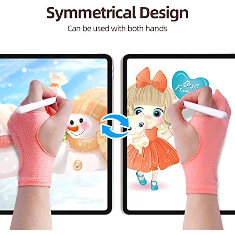 Artist Drawing Glove for Women [2 Pack Pink] 3-Layer Palm Rejection Right/Left Hand Digital Graphic Tablet iPad Art Gloves Two Finger Smooth Elasticity Breathable for Sketching Painting