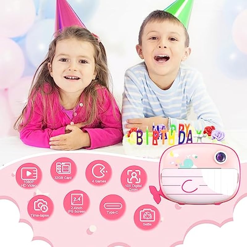 USHINING Kids Camera for Kids 12MP Digital Camera for Kids Aged 3-12 Ink Free Printing 1080P Video Camera for Kids with 32GB SD Card,Color Pens,Print Papers (Pink)