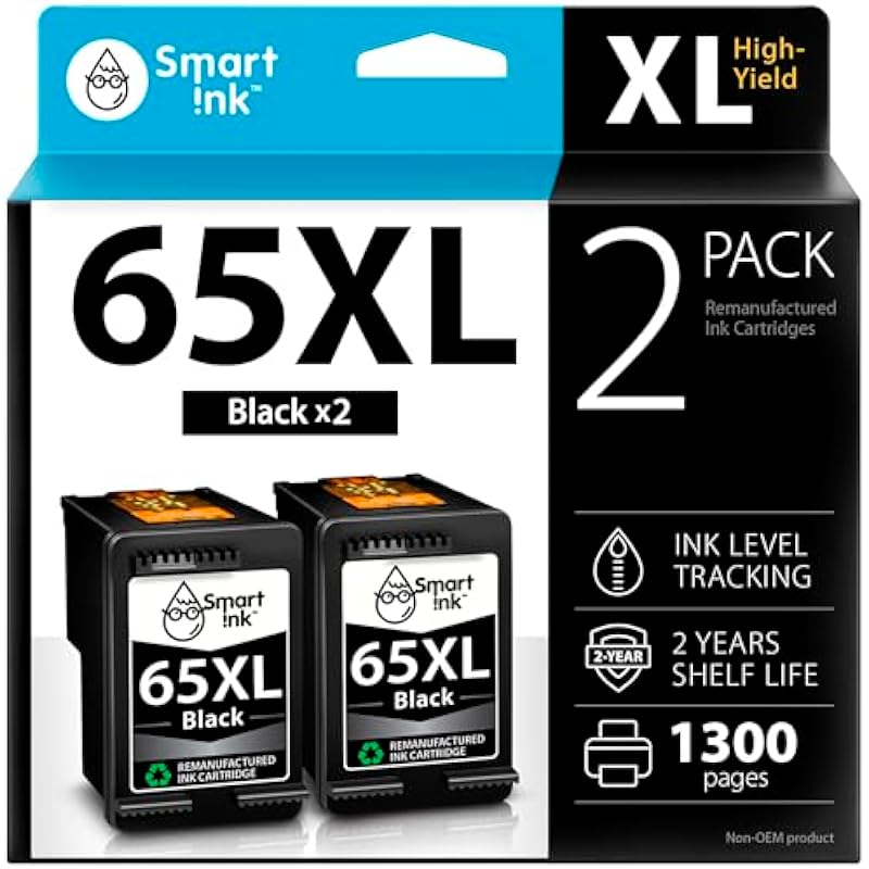Smart Ink Remanufactured Ink Cartridge Replacement for HP 65 XL 65XL (2 Black Combo Pack) use with DeskJet 2620 2625 2630 2635 2655 3700 3720 3730 3735 3755 Envy 5010 5010 5020 5030 5052 5055