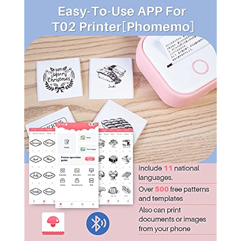 Memoqueen T02 Pocket Printer-Small Printer Bluetooth Inkless Instant Photo Printer,Compatble with Phones&Taplates,with One Paper Roll,Great for Photos, Study Notes, Journal, Fun, Work,Pink