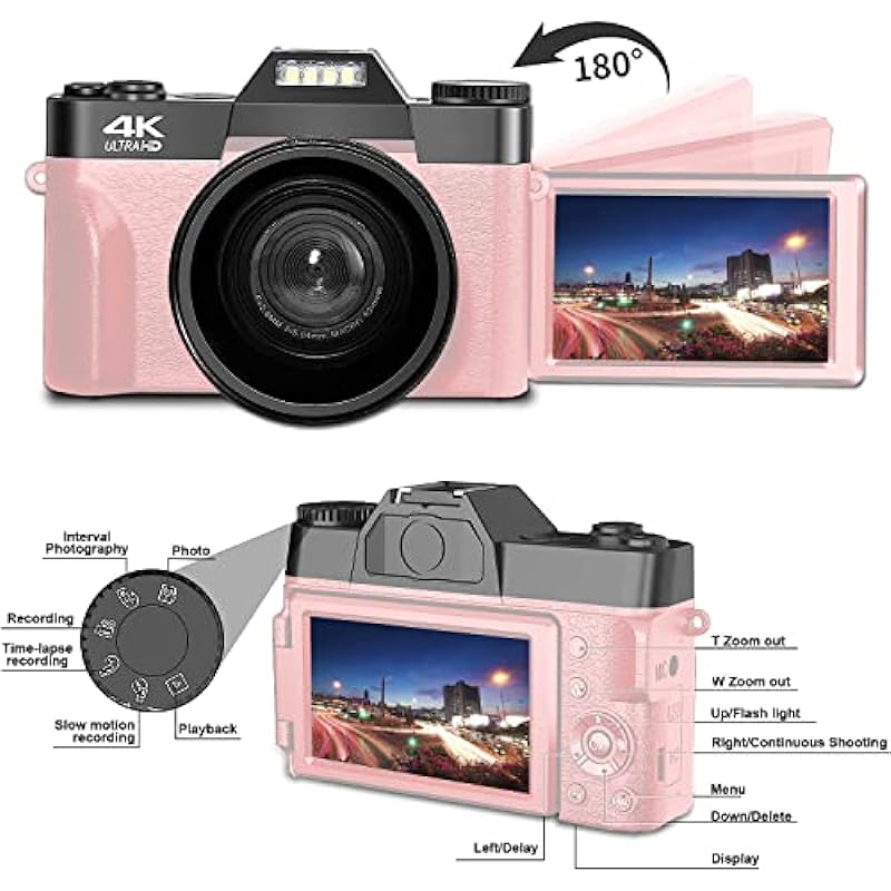 Acuvar 4K 48MP Digital Camera for Photography, Vlogging Camera for YouTube with 3.0’’ 180° Flip Screen, WiFi, 16X Digital Zoom, Wide Angle & Macro Lens, Rechargeable Battery, 64GB Micro SD Card Pink