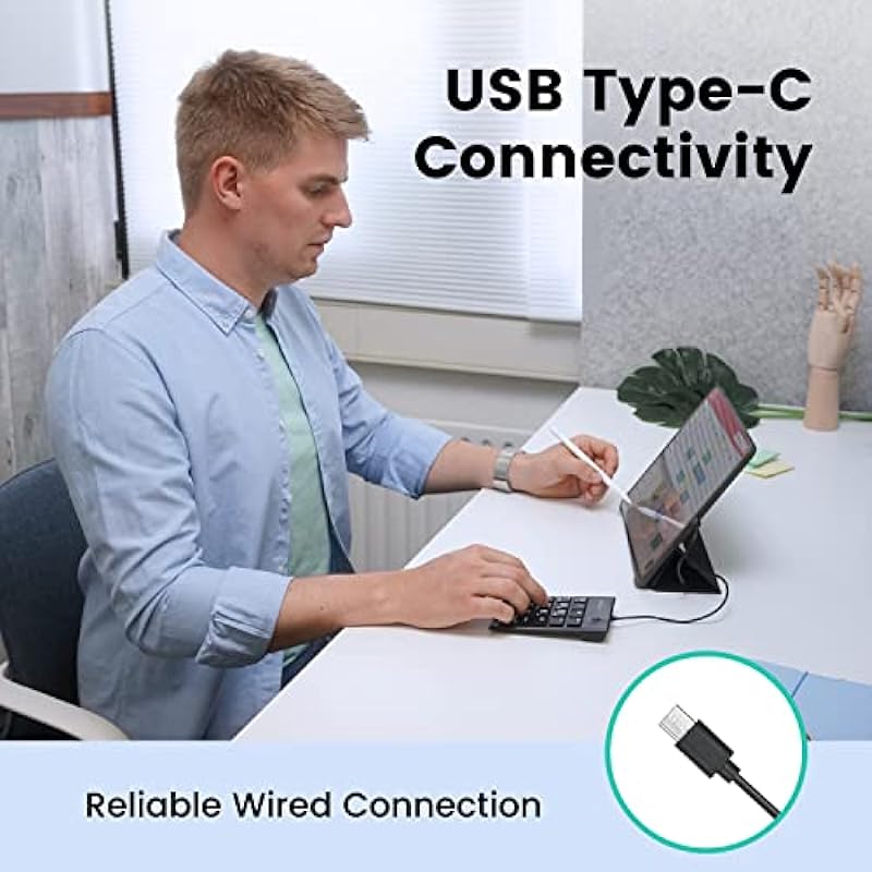 Perixx PERIPAD-202C Wired USB-C Slim Numeric Keypad – Scissor Keys with 2 USB-A Hubs and Tab Key – Compatible for Tablet, Laptop, & Desktop – Black