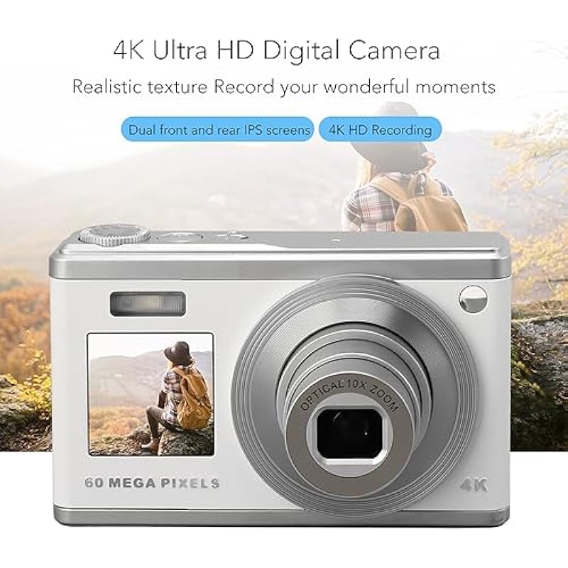 Digital Camera for Kids Dual Screen, 4K 60MP Compact Mini Camera with 10X Optical Zoom, Digital Point and Shoot Camera for Teens Boys Girls Adults Students Seniors Gifts (White)