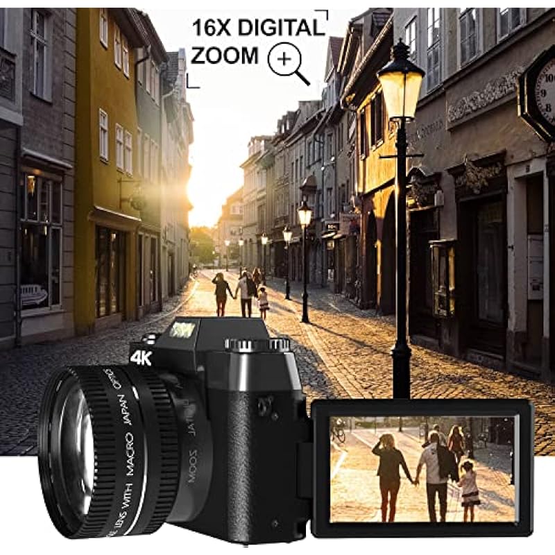 Acuvar 4K 48MP Digital Camera for Photography, Vlogging Camera for YouTube with 3.0’’ 180° Flip Screen, WiFi, 16X Digital Zoom, Wide Angle & Macro Lens, Rechargeable Battery, 64GB Micro SD Card Black