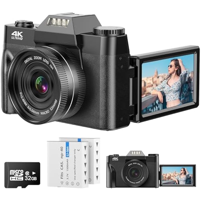 4K Digital Camera AutoFocus 56MP UHD Vlogging Camera with 16X Digital Zoom 3.0 Inch Compact Camera with 180 Degree Rotation Flip Screen Camera for Beginners Adults 32GB Micro SD Card & 2 Batteries