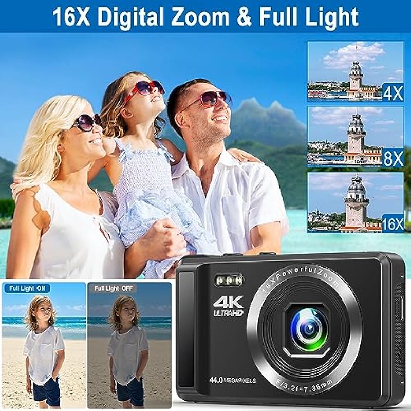 4K Video Digital Camera 44MP Autofocus Point and Shoot Camera with 16X Digital Zoom, Vlogging Camera for YouTube with 32GB SD Card and 2 Batteries for Kids Teens, Boys, Girls