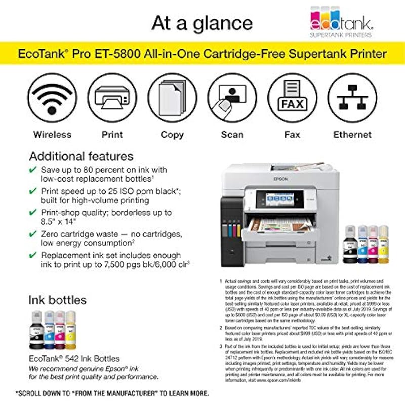 Epson EcoTank Pro ET-5800 Wireless Color All-in-One Supertank Printer with Scanner, Copier, Fax and Ethernet , White