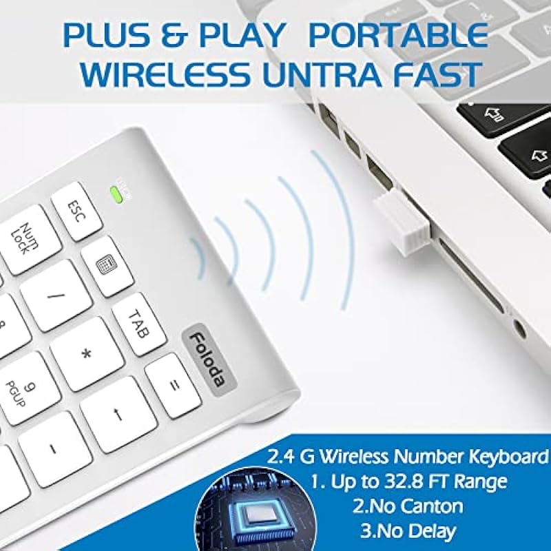 Wireless Number Pad, Portable 2.4Ghz USB 10 Keys Financial Accounting Numeric Keypad Data Entry Numpad for Laptop, PC, Desktop