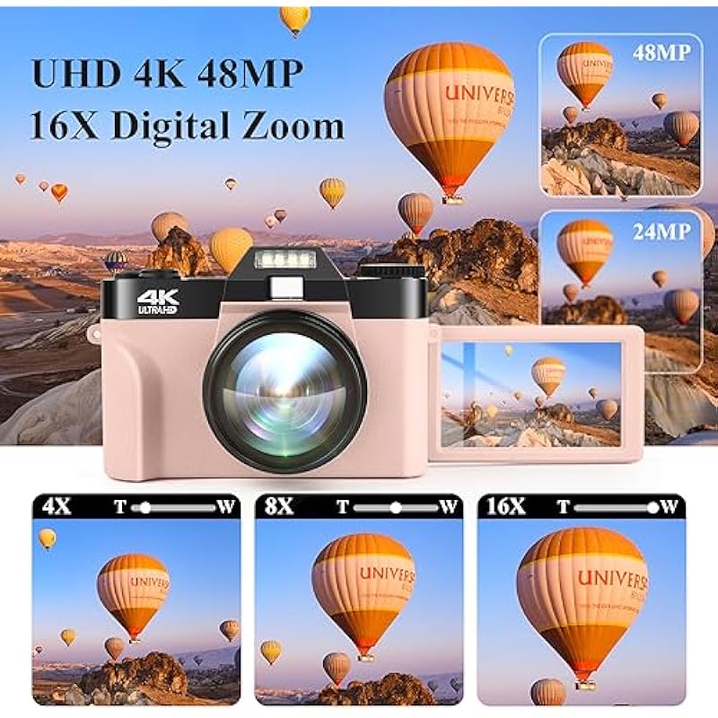 4K Digital Camera, Kids Camera with 32GB Card, Autofocus 16X Zoom Small Point and Shoot Digital Cameras, 3” 180° Flip Screen 48MP Vlogging Compact Camera Gift for Kid Boy Girl Teen Student, PK