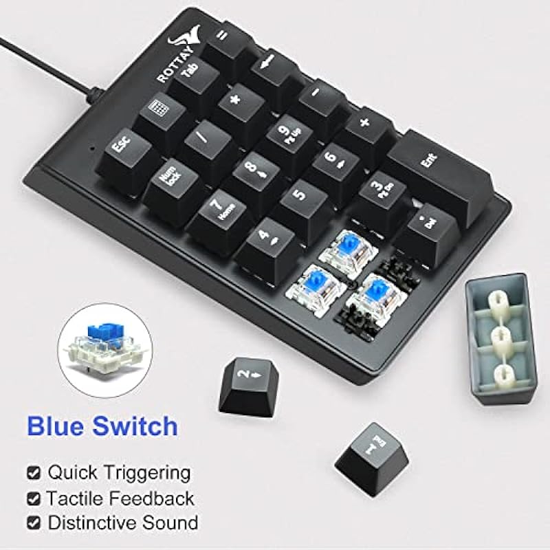 Number Pad, ROTTAY Mechanical USB Wired Numeric Keypad with Blue LED Backlit 22-Key Numpad for Laptop Desktop Computer PC – Black (Blue switches)