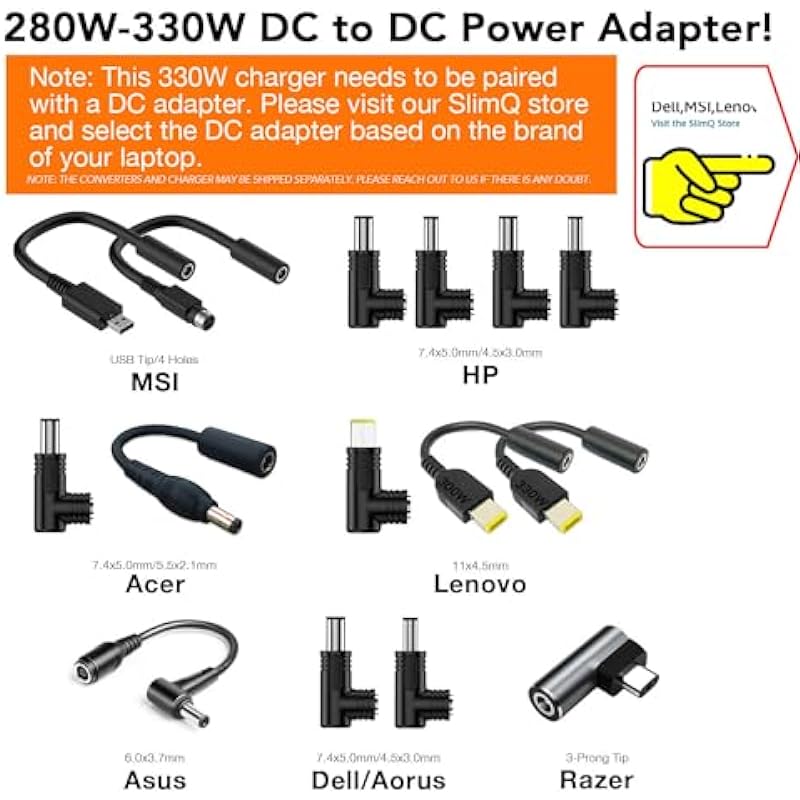 330W 20V 16.5A AC Adapter Power Supply, Multi-Function Gaming Laptop Charger with 1 DC Port Plus 2 Type-C Ports for Dell MSI Lenovo HP Razer Asus Acer Laptop Charger Replacement (Without ​DC Adapter)