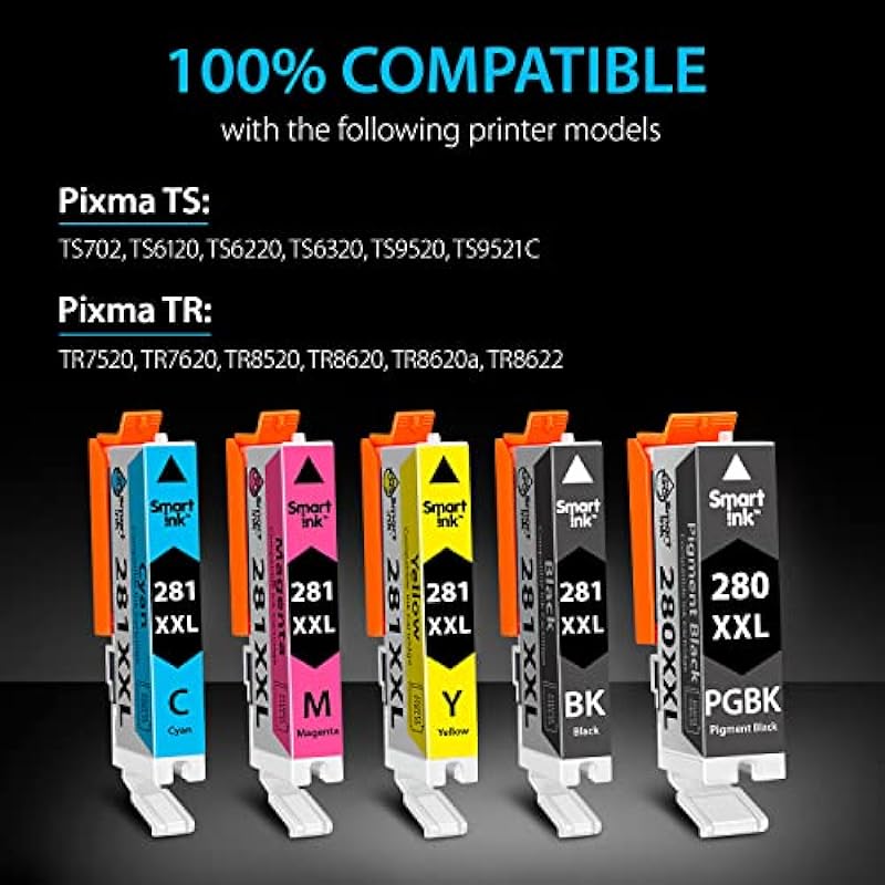 Smart Ink Compatible Ink Cartridge Replacement for Canon PGI 280 PGI-280 XXL CLI 281 CLI-281 (PGBK & BK/C/M/Y 5 Pack Combo) for Pixma TS702 TS6120 TS6220 TS6320 TR7520 TR8520 TS9520 TS9521C