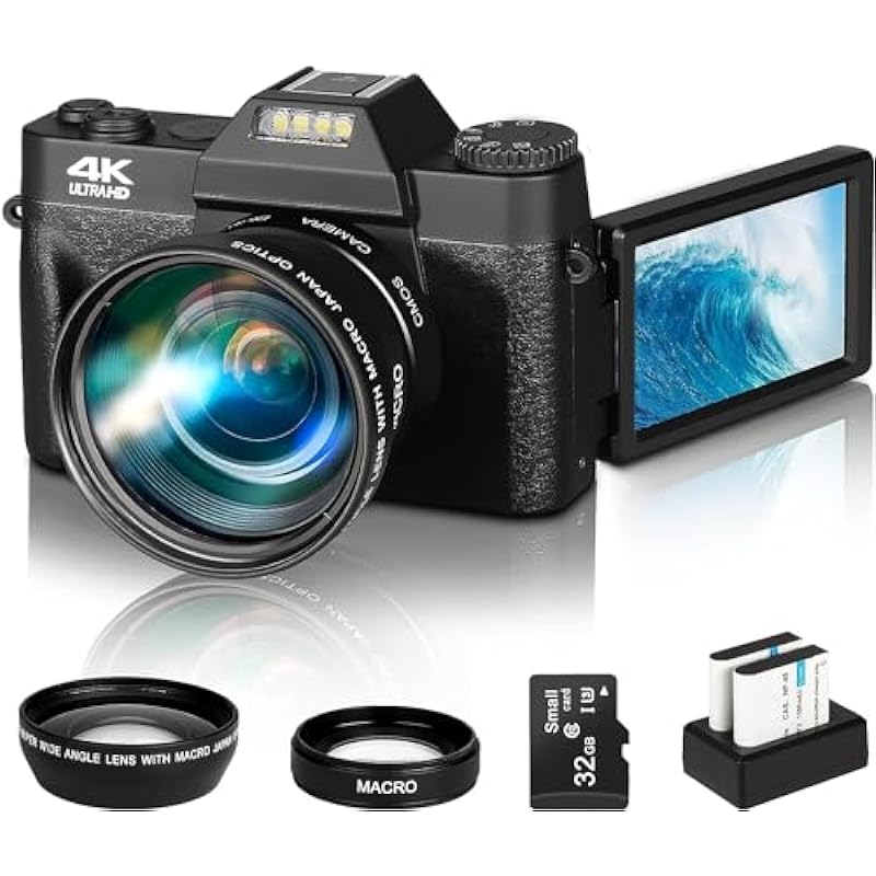 Digital Cameras for Photography Acoletty 4K 48MP Vlogging Camera, 16X Digital Zoom, YouTube Camera with Wide Angle & Macro Lens, 2 Batteries, 1 Charging Stand, 32GB SD Card, 3.0″ 180° Flip Screen