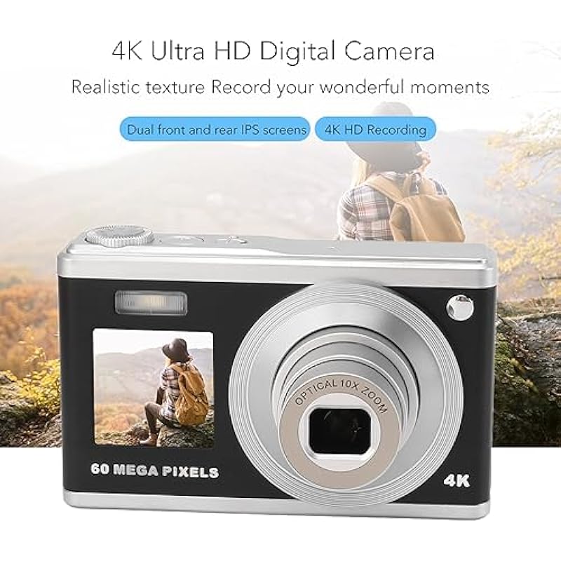 4K Digital Camera, 60MP HD Vlogging Camera with Dual Screen, 10x Optical Zoom, Autofocus, Pocket Compact Camera Video Camera for Travel Photography Kids,Adult,Beginners (Black)