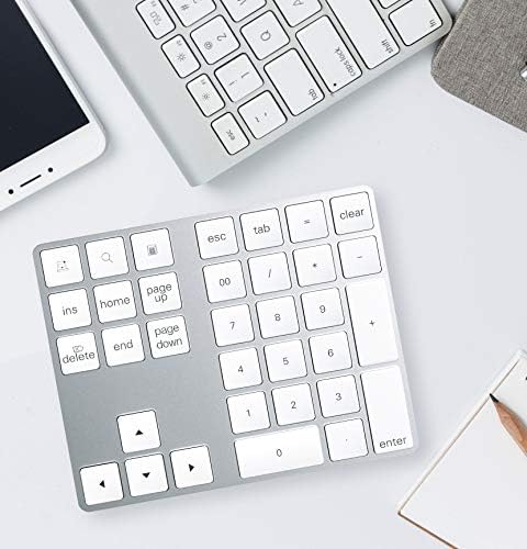 Bluetooth Numeric Keypad, Aluminum Wireless Bluetooth 34-Key Number pad with Multiple Shortcuts for Computer Laptop Windows Surface Pro Apple iMac iPad Android Tablet Smartphone- Silver