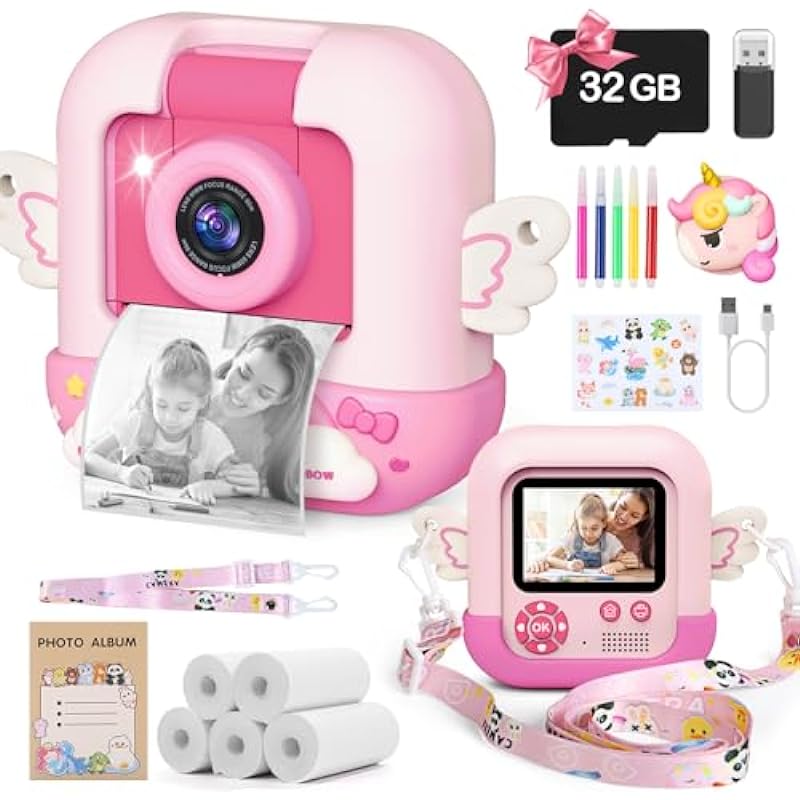Skirfy Instant Print Camera for Kids,Pink Digital Camera for Kids with Unicorn Silicone Cover & 32G TF Card,48MP Selfie Video Camera for Kids Toddler,Birthday Gifts for Girls Age 3-12
