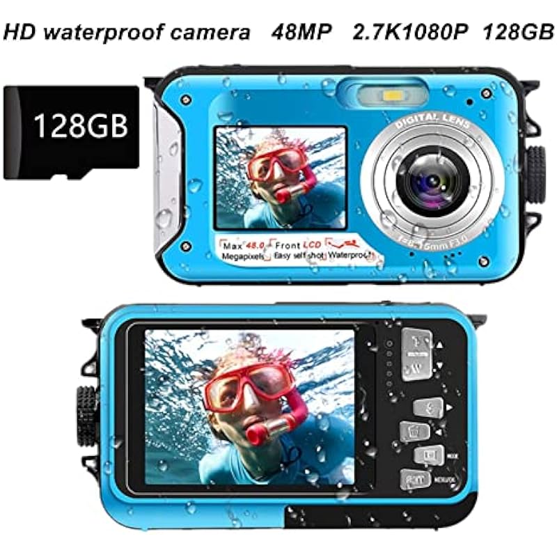 48MP Dual Screen Waterproof Digital Camera, Full HD 2.7K 10ft Underwater Camera, Digital Camera 16X Video Recorder Selfie Dual Screens, Gift Camera for Snorkeling, Surfing, Swimming(Blue)