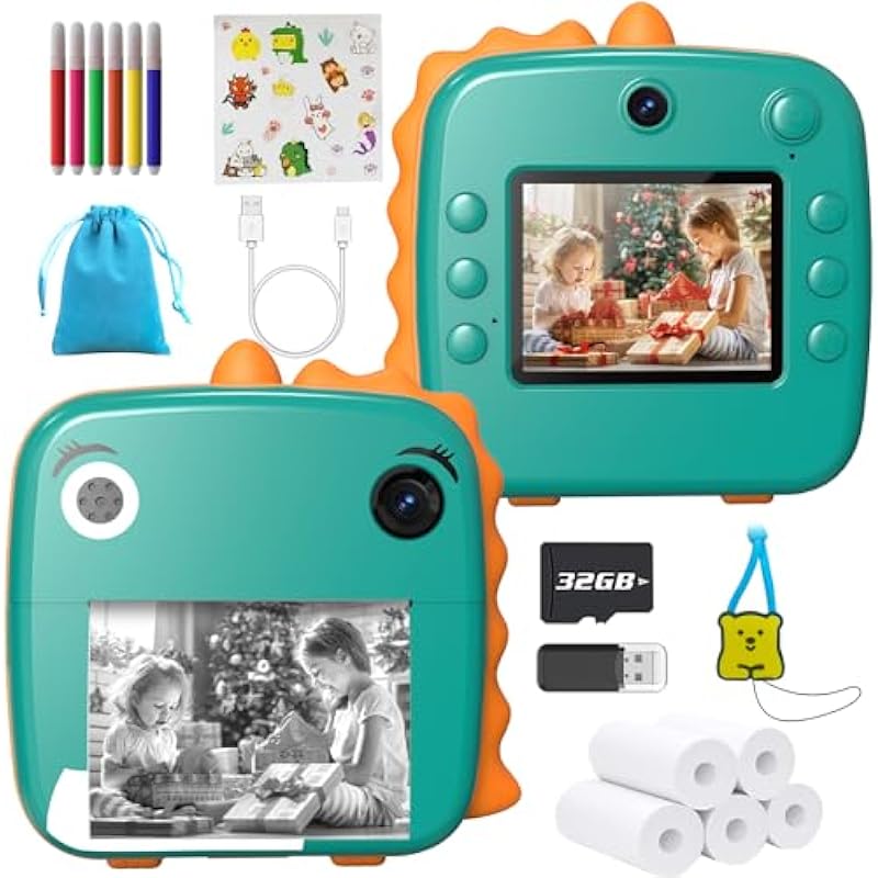 MFLABEL Kids Instant Print Camera HD Dinosaur Selfie Digital Camera with 1080P Videos Kids Portable Travel Camera Toy Set Included Storage Bag Printer Paper for Boys & Girls Birthday Gifts 3-12 Age