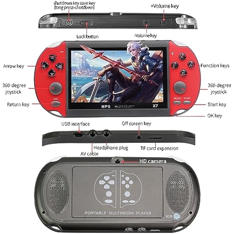 ZWYING Handheld Game Consoles Built in 2000+ Free Games 8GB RAM 4.3 Inch Screen Double Rocker,Support TV Output,Music/Movie/Camera Audio and Video MP3,MP4, MP5, Birthday Gift for Kids(Red)